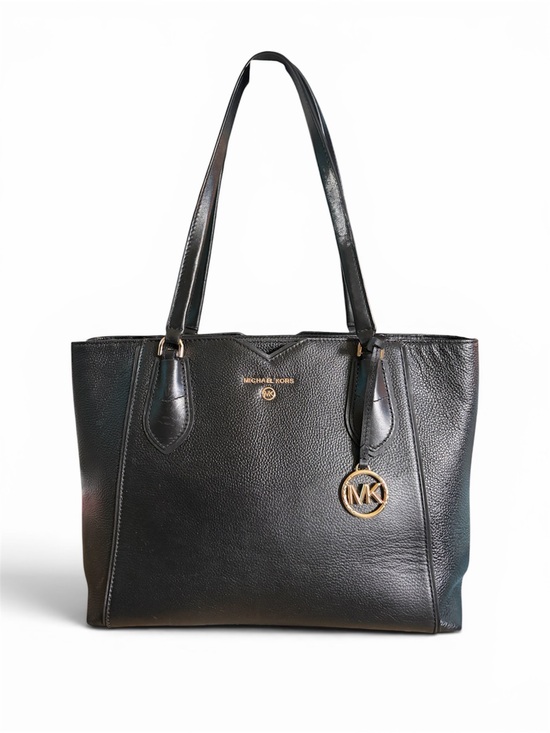 Michael Kors Handbags - Michael Kors Mae Black Leather Tote with Gold MK Charm